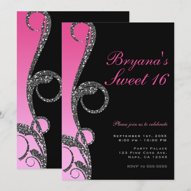 Pink Black Silver Glitter Swirl Sweet 16 Party Invitation (Front/Back)