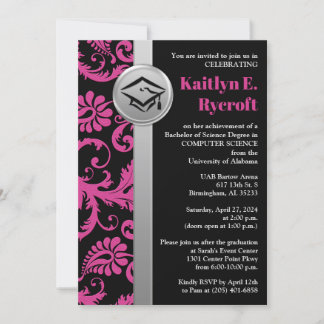 Pink, Black, Silver Graduation Cap Invite