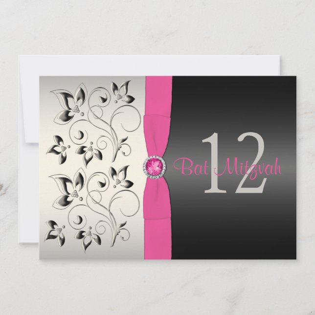 Pink, Black, Silver Grey Floral Bat Mitzvah Invite (Front)