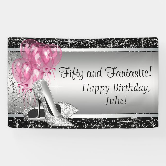 Pink Black Silver High Heel Shoe Birthday Party Banner (Horizontal)