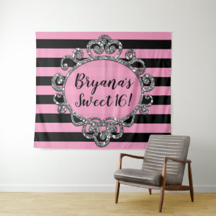 Pink Black Silver Striped Birthday Party Backdrop Tapestry