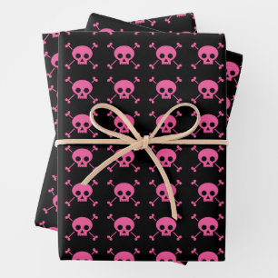 Pink Black Skull Pattern Goth Girl Wrapping Paper Sheet