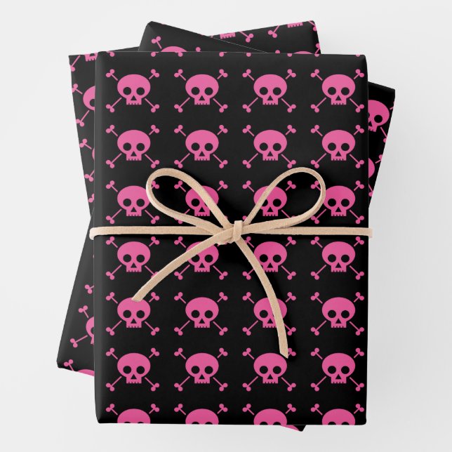 Pink Black Skull Pattern Goth Girl Wrapping Paper Sheet (In situ)