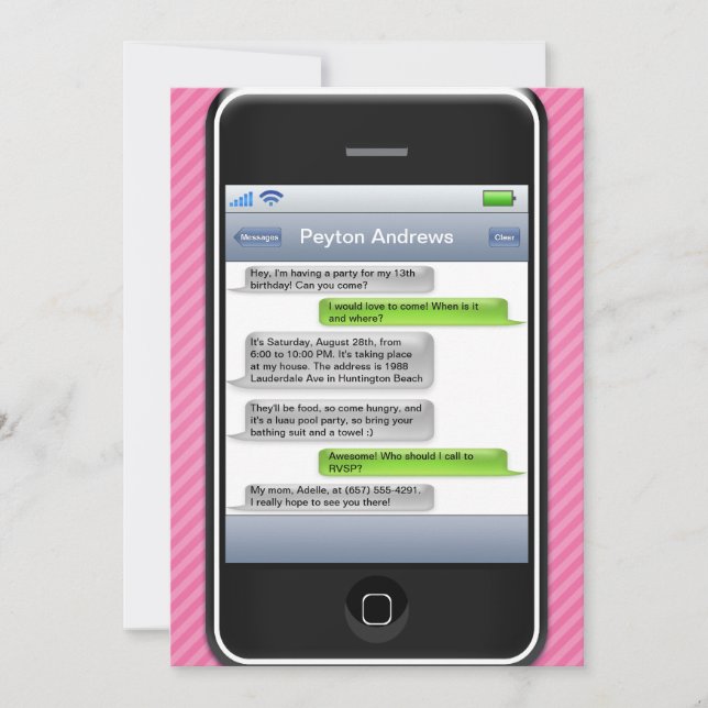 Pink/Black Smart Phone iParty Birthday Party Invitation (Front)
