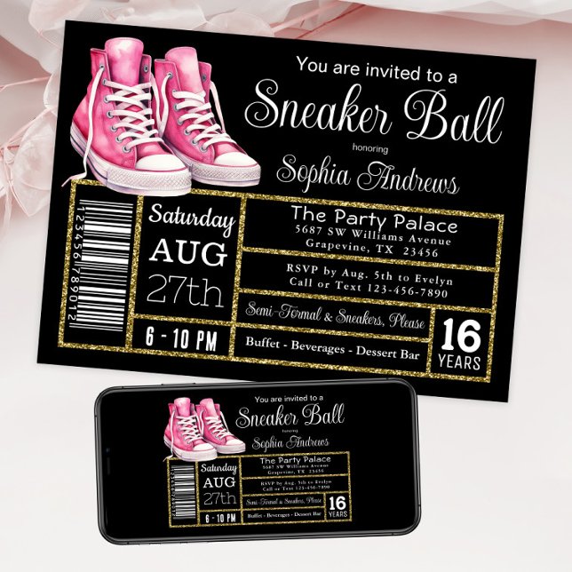 Pink Black Sneaker Ball Birthday Party Shoe Label Invitation (Pink sneaker ball invitation. Shoe box label sneaker ball invite. Instant download and print.)