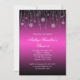 Pink Black Snowflakes Sweet 16 Winter Wonderland Invitation