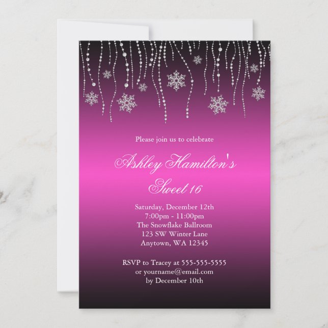 Pink Black Snowflakes Sweet 16 Winter Wonderland Invitation (Front)