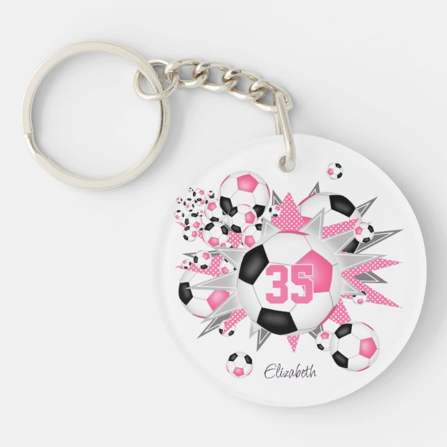 Pink black soccer ball blowout athlete name  key ring (Front)