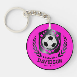 Pink Black Soccer Ball With Custom Name Text Key Ring