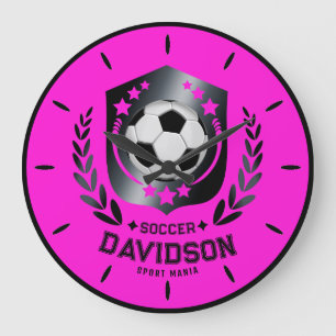 Pink Black Soccer Ball With Custom Name Text Large Clock