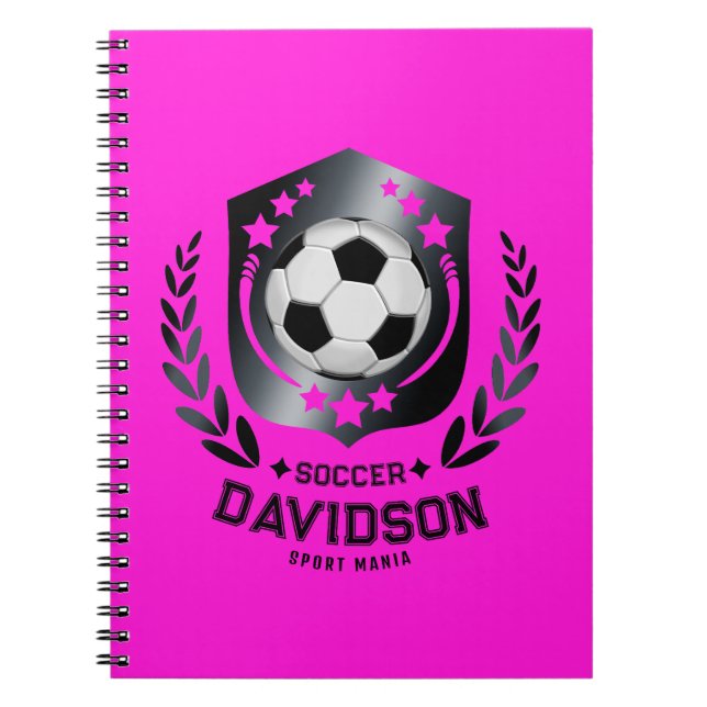 Pink Black Soccer Ball With Custom Name Text Notebook (Front)