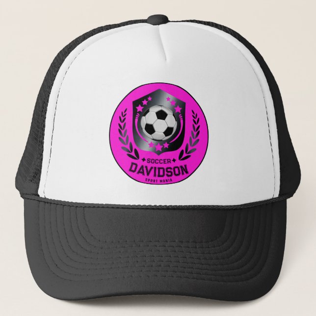 Pink Black Soccer Ball With Custom Name Text Trucker Hat (Front)