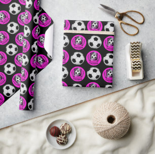 Pink Black Soccer Ball With Custom Name Text Wrapping Paper