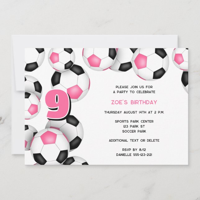 pink black soccer balls kids birthday party invitation (Front)