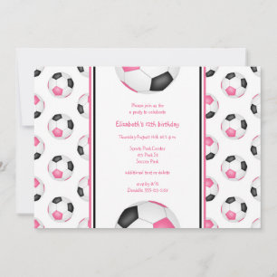 pink black soccer balls pattern birthday party invitation