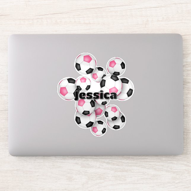 pink black soccer balls sticker with girls name (Computer)