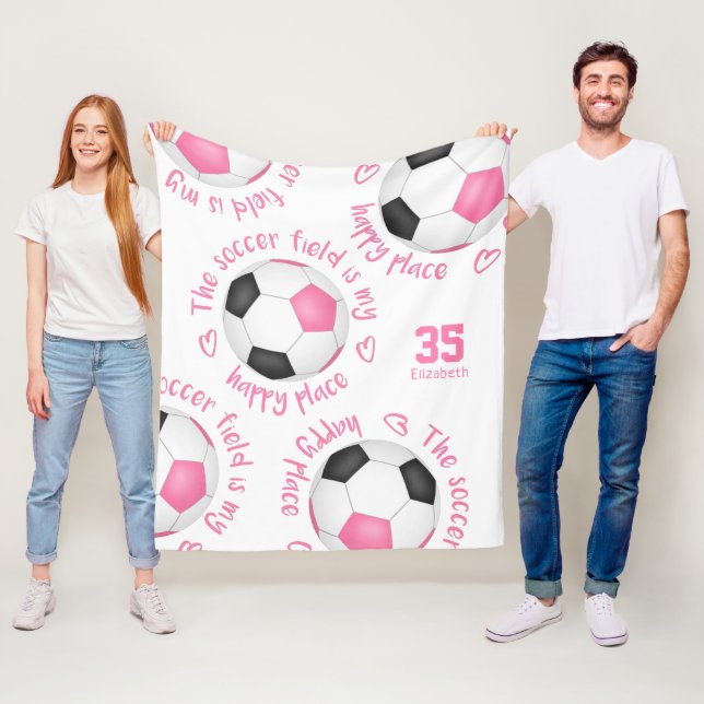pink black soccer field my happy place typography fleece blanket (In Situ)