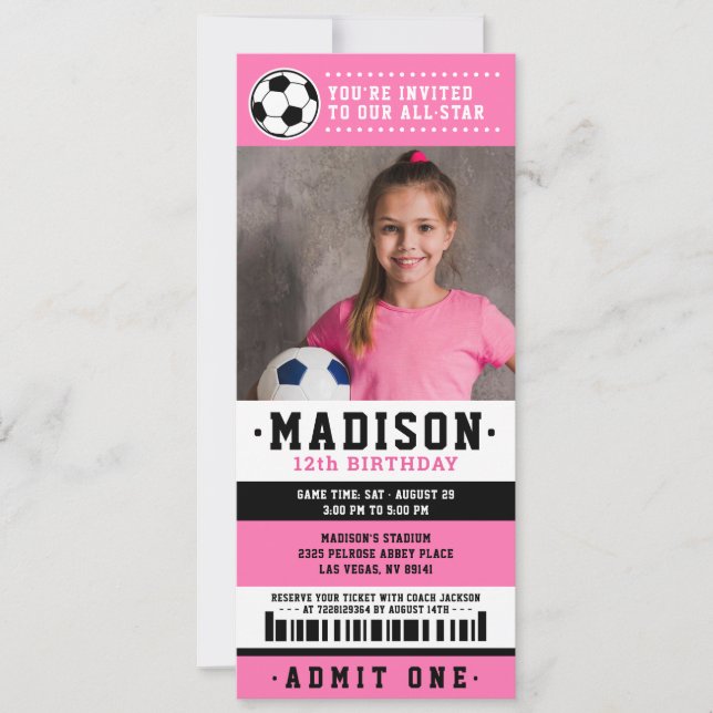 Pink Black Soccer Ticket Birthday Party Photo Invitation (Front)