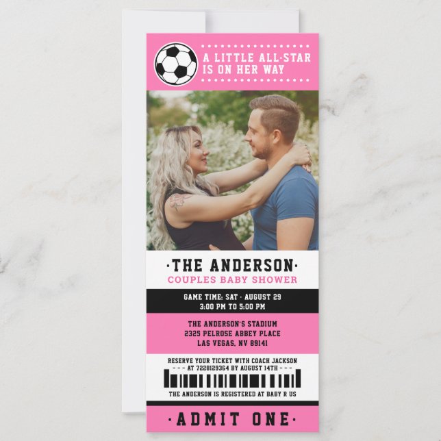 Pink Black Soccer Ticket Couples Baby Shower Photo Invitation (Front)