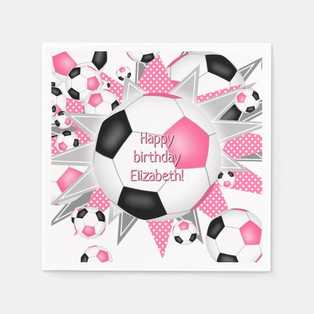 pink black soccerball blowout sports birthday  napkin (Front)