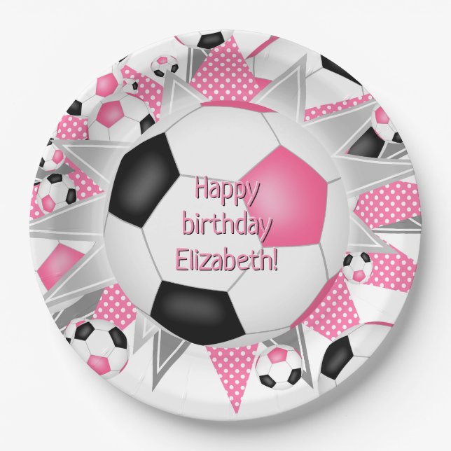 pink black soccerball blowout sports birthday  paper plate (Front)