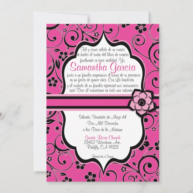 Pink & Black Spanish Quinceañera Invitation (Front)