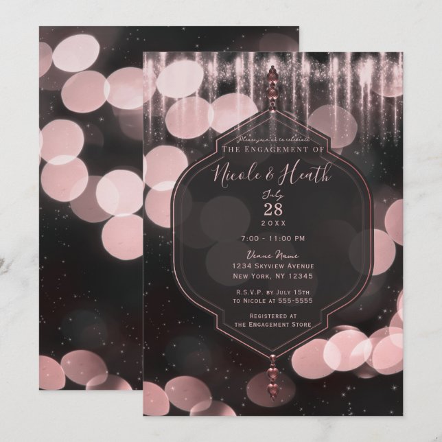 Pink Black Sparkle Lights Mystical Engagement Invitation (Front/Back)