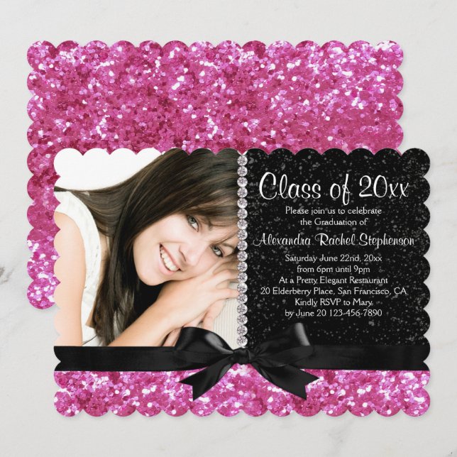Pink/Black Sparkle-look Bow Photo Graduation Party Invitation (Front/Back)