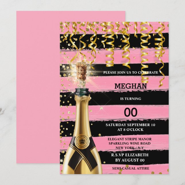 Pink black sparkling wine elegant stripes glitter  invitation (Front/Back)
