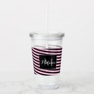 Pink Black Spiral Ribbon Stripes Monogram Custom Acrylic Tumbler
