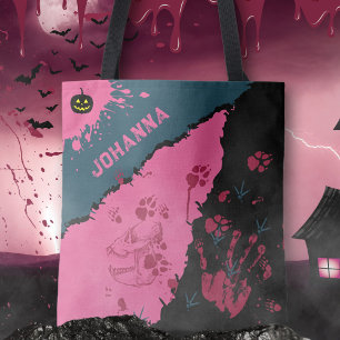 Pink Black Spooky Paw Prints Halloween Tote Bag