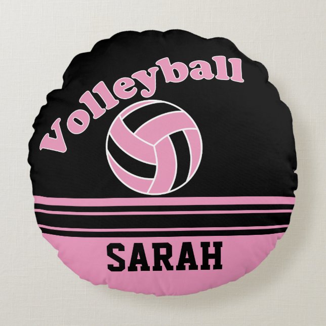 Pink & Black Sport Volleyball | DIY Name Round Cushion (Front)