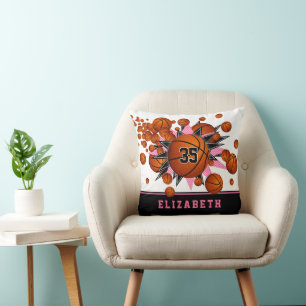 pink black sports room girls basketballs stars cushion