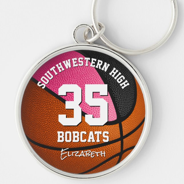 pink black sports team name girls basketball key ring (Front)