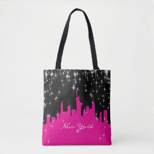 Pink & Black Starry Night - New York Skyline Tote Bag