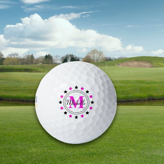 Pink Black Stars Monogram Golf Balls (Creator Uploaded)