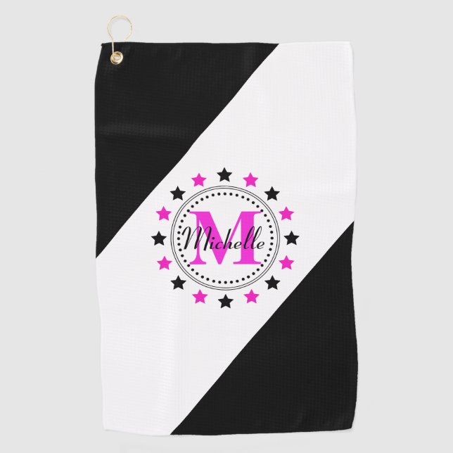 Pink Black Stars Monogram Golf Towel (Front)