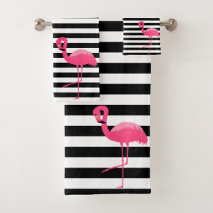 PINK BLACK STRIPE FLAMINGO BATHROOM TOWEL SET