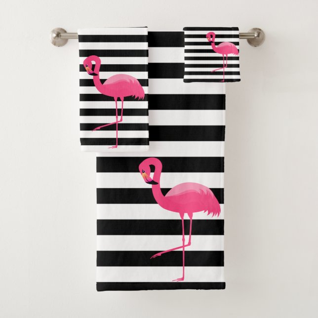 PINK BLACK STRIPE FLAMINGO BATHROOM TOWEL SET (Insitu)