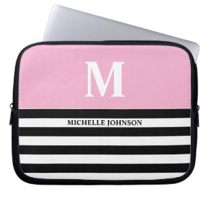 Pink Black Striped Laptop Case for Women or Girl