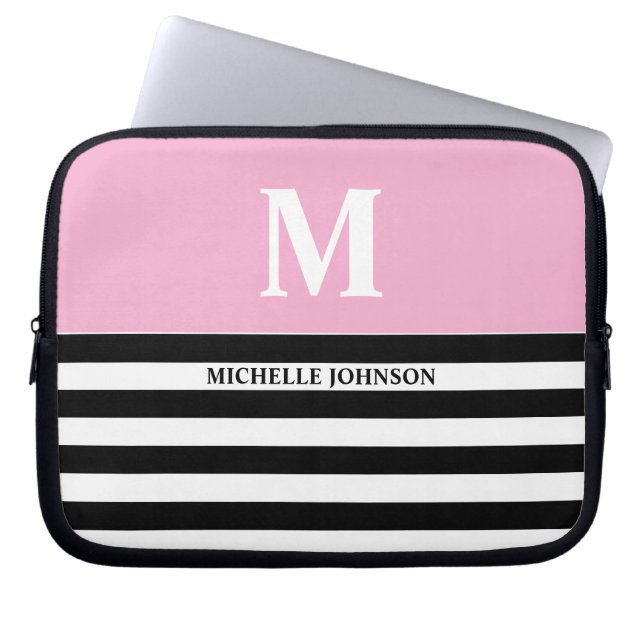 Pink Black Striped Laptop Case for Women or Girl (Front)