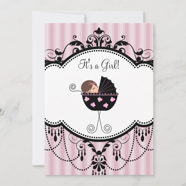 Pink Black Stripes Baby Girl Shower Invitations (Front)