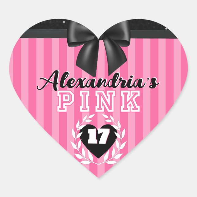  PINK Black Stripes Girly Birthday/Pajama Party  Heart Sticker (Front)