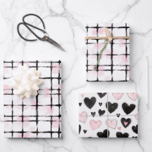 Pink Black Stripes Hearts Birthday Wrapping Paper Sheet