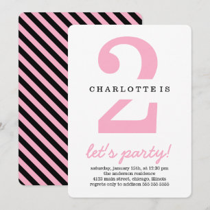 Pink & Black Stripes Kids Birthday Party Invitation