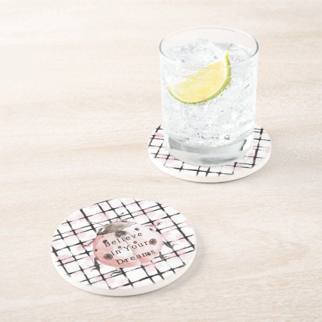 Pink Black Stripes Ladybug Coaster (Side)