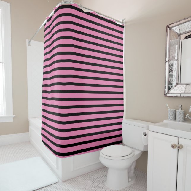 Pink Black Stripes Lines Patterns Girly Custom Shower Curtain (In Situ)