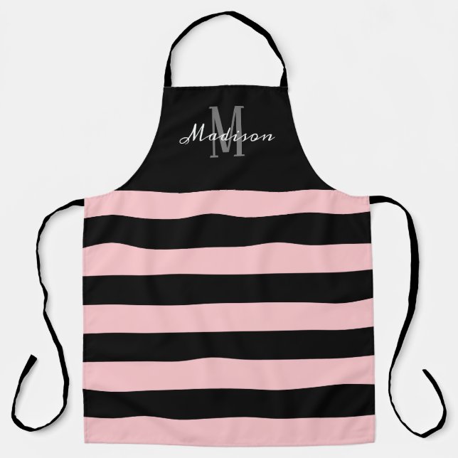 Pink Black Stripes Monogram Script Name Apron (Front)
