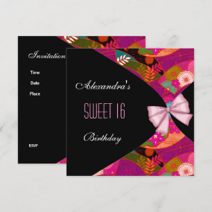 Pink Black Sweet 16 Birthday Party Invitation Flor