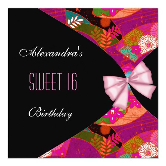 Pink Black Sweet 16 Birthday Party Invitation Flor